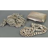 A collection of silver items: Including a cigarette case and silver gents necklace,
