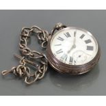 19th century silver fusee large pocket watch and silver watch chain: