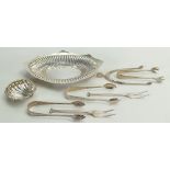 Silver Bon Bon dish, tongs, salt & forks: Gross weight 155g.