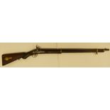 19th century Indian percussion rifle: With English wood stock & brass fitments, length 121cm.