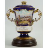 Coalport china two handled hand painted vase & cover: Decorated with Balmoral Castle for the Queen