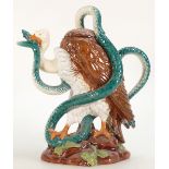 Minton Majolica model of a Vulture & Python Teapot: Minton in miniature series, height 25cm.