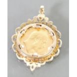 Gold full Sovereign dated 1908: In ornate 9ct gold mount, 13.2 grams.