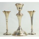 Silver candlestick & pair of vases: All with loaded bases but clear hallmarks.