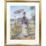 Alphonse Auguste J.Lemaire watercolour painting: "The Japanese Girl" in landscape in gilt frame.