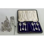 A collection of silver miniature items: Including silver overlay cruet set,