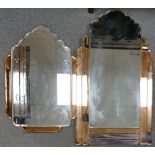 Art Deco 3 coloured glass Overmantle mirror: Together with a smaller example. Largest 92 x 53cm.