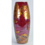 Lise Moorcroft Art Vase decorated with a landscape: Top rim gilded, height 27cm.