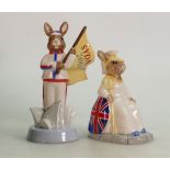 Royal Doulton Bunnykins figures: Britannia DB129 and England Athlete DB216, both limited editions.