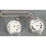 Silver pocket watch & chain and another silver pocket watch.