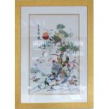 A Chinese good Silk picture of many birds in a tree with flowers: In frame. 35 x 58cm.