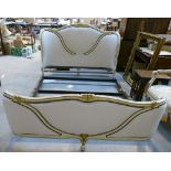 19th century French Louis 15th XV Demi- Coribere Kingsize upholstered Bed: Painted cream & gold