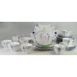 Shelley 11361 pattern tea ware to include: 10 x cups, 10 x side plates, 9 x saucers, tea pot,