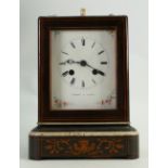 19th century Mahogany inlaid Mantle clock: By Thomas A Paris, h23 x w17cm.