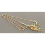 Antique 9ct gold necklace & pendant: The pendant set with turquoise stones & seed pearls, 5 grams.