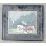 Early 20th century framed Primitive oil on board painting of Cattle feeding: 26cm x 21cm.