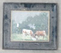 Early 20th century framed Primitive oil on board painting of Cattle feeding: 26cm x 21cm.