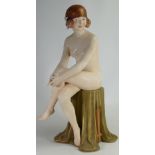 Royal Dux Art Deco figure of a nude lady seated on draped stool : Impressed no 2895, height 48cm.