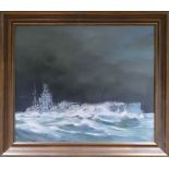 Ian Lowe, Oil painting on canvas of a War ship in rough sea: Dated 1977, 74 x 62cm.