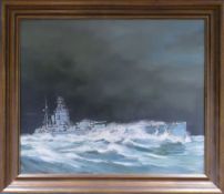 Ian Lowe, Oil painting on canvas of a War ship in rough sea: Dated 1977, 74 x 62cm.