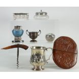 A collection of silver & other items to include: Silver topped scent bottles, miniature trophy,