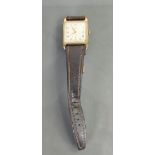 9ct gold Helvetia Gentlemans square wristwatch: The back inscribed and dated 1953 with leather