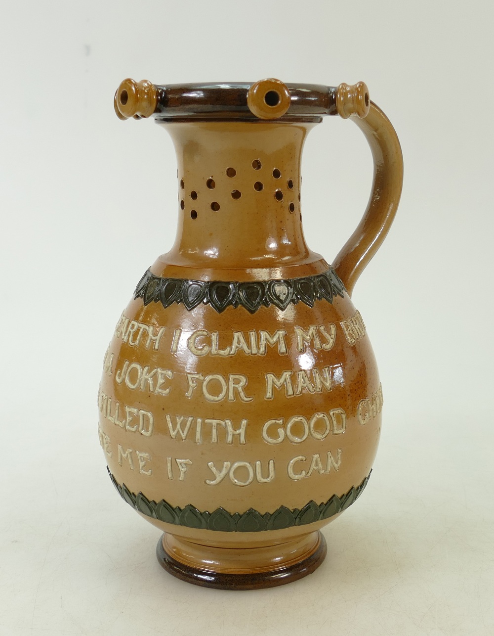 Doulton Lambeth Stoneware Puzzle Jug: 19th century Doulton Lambeth Stoneware puzzle jug with motto