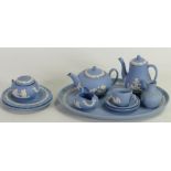 A Wedgwood miniature Jasperware tea & coffee pots, tray etc: Damage to lid on sugar bowl 11 pieces.