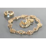 9ct gold set of jewellery set with aquamarine: Comprising Tennis bracelet, pendant and ring, 15.