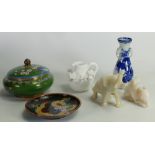 A collection of Chinese items: Including Cloissone round box & cover and dish,