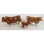 Beswick set of Limousin cattle: Comprising Cow 3075B, Bull 2463B and calf 1827E,