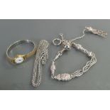 Victorian silver ladies fob chain 30 grams and a ladies limit watch and necklace.