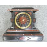 19th century French red marble and black slate Mantle clock with key: By T Billet & Roblin of Paris