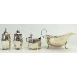 Hallmarked cruet set & sauce boat: Cruet Chester 1917, mustard later, Sauce boat B'ham 1938.