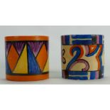 Two Clarice Cliff Bizarre preserve pots: With geometric designs.
