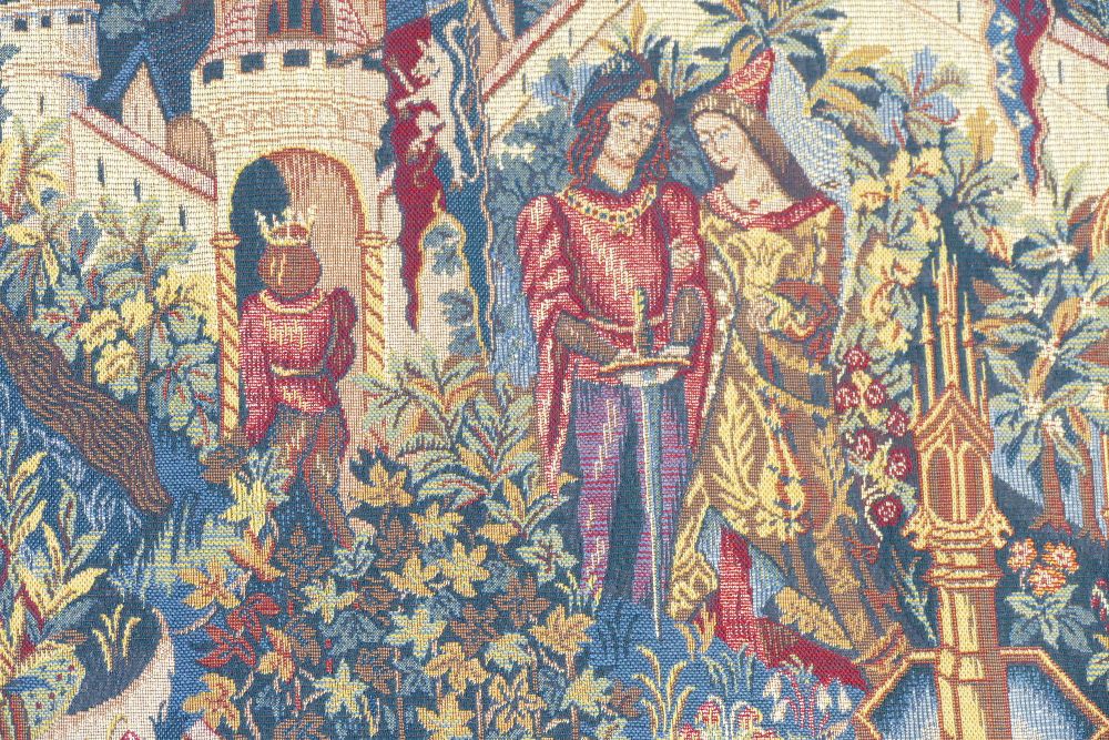 French high quality wall hanging tapestry: Depicting medieval scene. - Image 2 of 2