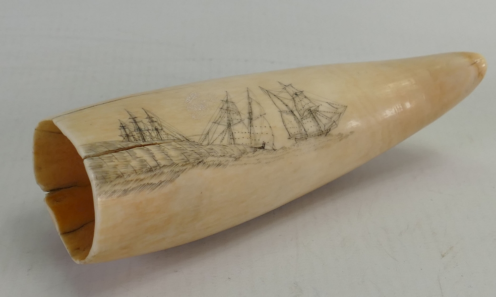 19th century Scrimshaw Whales tooth etched both sides with ships: Height 13cm. - Image 3 of 3