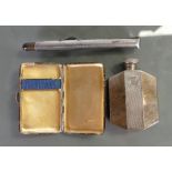 Silver cigarette case: Together with plated spirit flask and early Swan pen with 14ct gold nib,