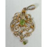 9ct Art Nouveau pendant: Set with peridot & seed pearls, 2.