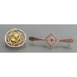 Two Victorian 9ct Rose gold brooches: Both set with semi precious stones, 5.5 grams.