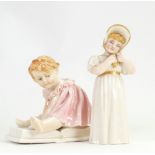Royal Worcester figure of a lady in bonnet: in white and gold colours, height 12.
