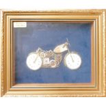 Clock Art picture of a motorcycle: Made from clock parts in gilt frame.