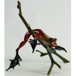Tim Cotterill "Frogman" bronze frog sculpture: Brightly coloured frog on branch,