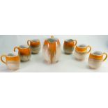 Rare Shelley Beer jug & 6 beer mugs in orange and brown Harmony dripware: Height of jug 15.5cm.