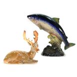 Beswick items: Beswick Atlantic Salmon 1233 (fin re-stuck) and early Beswick seated Stag 954 (crack