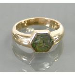 14ct ladies ring set with green opal type stone: Size N, 5.6 grams.