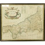 Map of Cornwall by Robert Morden: 18th century hand coloured map, 35cm x 42.5 excluding frame.
