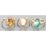 9ct gold ladies dress rings: Set with semi precious stones & cameo sizes 2 x L & 1 x M, 6.9 grams.