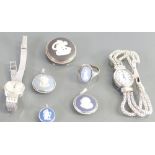 Two ladies silver watches and 5 items of silver Wedgwood jewellery.