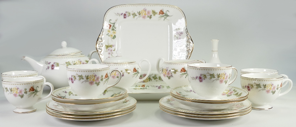 Wedgwood Tea Set in The Mirabelle pattern to include: Sandwich platters, cups saucers, teapot.